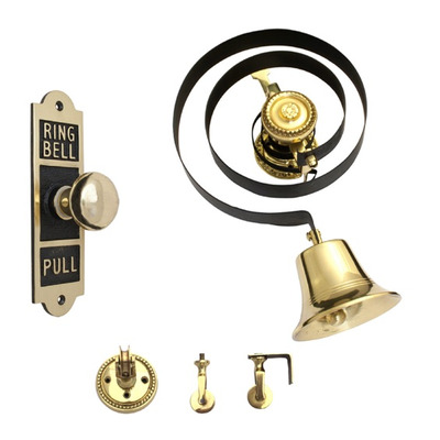 Prima Butlers Bell On Black Spring With Shaped Oblong Enbossed Pull, Polished Brass - BH1006PB POLISHED BRASS