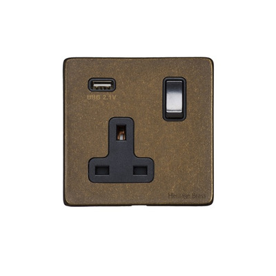 M Marcus Electrical Vintage Single 13 AMP USB Switched Socket, Rustic Brass With Black Switch - XRB.740.BK-USB RUSTIC BRASS