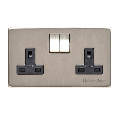 M Marcus Electrical Studio Double 13 AMP Switched Socket, Satin Nickel (Black OR White Trim) - Y05.250.SN SATIN NICKEL - BLACK INSET TRIM