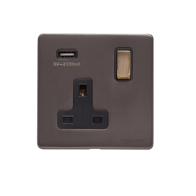 M Marcus Electrical Verona Single 13 AMP USB Switched Socket, Matt Bronze With Antique Brass Switch - VR9.745.ABK-USB MATT BRONZE WITH ANTIQUE BRASS