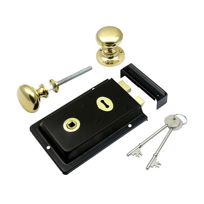 Prima Rim Lock (155mm x 105mm) With Mushroom Rim Knob (52mm), Black With Polished Brass Knob - BH1015BL (sold as a set) BLACK LOCK WITH POLISHED BRASS KNOB