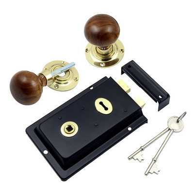 Prima Rim Lock (155mm x 105mm) With Rosewood Mushroom Rim Knob (57mm), Black - BH1021BL (sold as a set) BLACK RIM LOCK WITH MUSHROOM ROSEWOOD KNOB