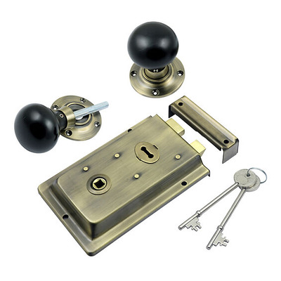 Prima Rim Lock (155mm x 105mm) With Ebony Mushroom Rim Knob (57mm), Antique Brass - BH1023XL (sold as a set) ANTIQUE BRASS RIM LOCK WITH MUSHROOM EBONY KNOB