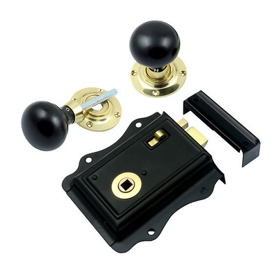 Prima Fancy Rim Lock (125mm x 120mm) With Ebony Mushroom Rim Knob (57mm), Black - BH1027BL (sold as a set) BLACK FANCY RIM LOCK WITH MUSHROOM EBONY KNOB