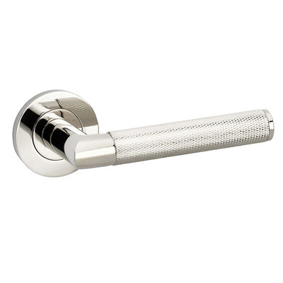 Alexander & Wilks Harrier Knurled Door Handles On Round Rose, Polished Nickel PVD - AW210PNPVD (sold in pairs) POLISHED NICKEL PVD