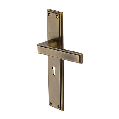 Heritage Brass Atlantis Art Deco Style Long Door Handles, Antique Brass - ATL6700-AT (sold in pairs) LOCK (WITH KEYHOLE)