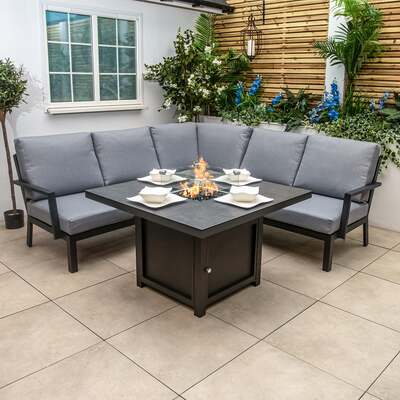 Bracken Outdoors Miami Dark Aluminium Compact Corner Set with Gas Fire Pit Table, End of May 2024