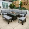 Bracken Outdoors Miami Dark Aluminium Rectangular Corner Set with Firepit Table, Bench and Stool, End of May 2024