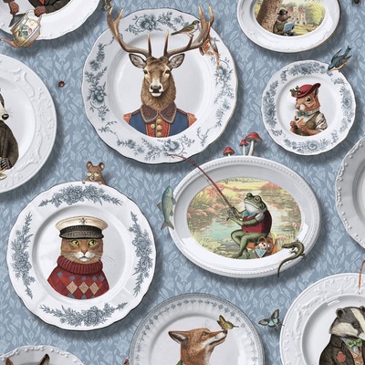 Animals Vintage Tea Party Wallpaper Blue Holden 13941
