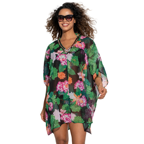 Pour Moi  Chiffon V-Neck Embellished Kaftan - Black/Green/Pink