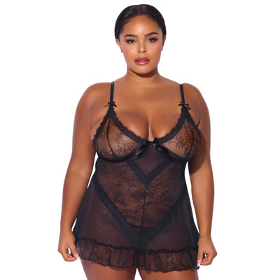 House Of Desire Kiki Lace Babydoll & Thong Set - Black
