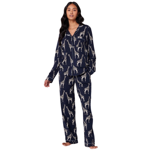 Chelsea Peers Organic Cotton Long Pyjama Set - Navy Giraffe Print