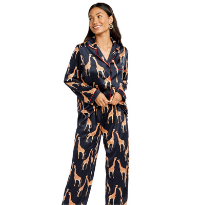 Chelsea Peers Satin Long Pyjama Set - Navy Giraffe Print