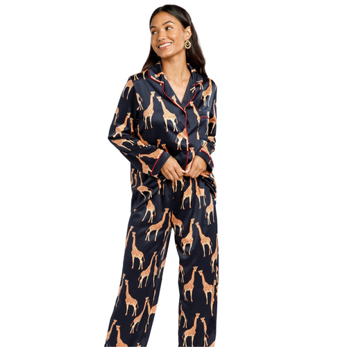Chelsea Peers Satin Long Pyjama Set - Navy Giraffe Print