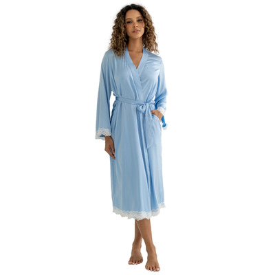 Pour Moi Dusk Satin And Lace Kimono Sleeve Dressing Gown - Powder Blue/Ivory