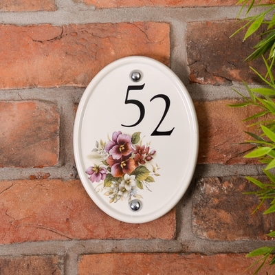 Oval ceramic number with pansy design