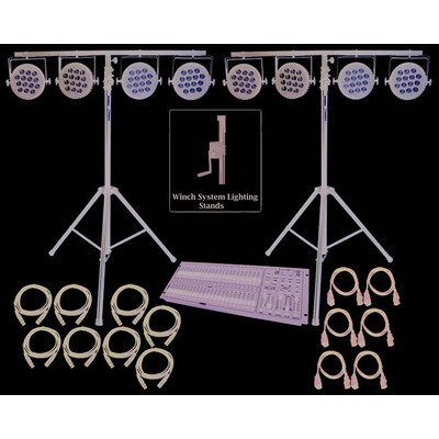 Stage Lighting Package with 8 RGBWA & UV LED Par Cans, Wind Up Stands & DMX Controller