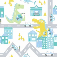 Image of Over the Rainbow Dino Road Wallpaper Teal / Lime Holden 90912