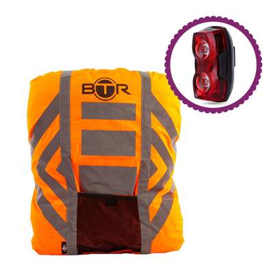 BTR Waterproof High Vis Reflective Backpack Rain Cover with Red LED Bike Light