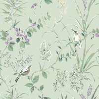 Image of Mariko Bird Floral Wallpaper Green Crown M1552
