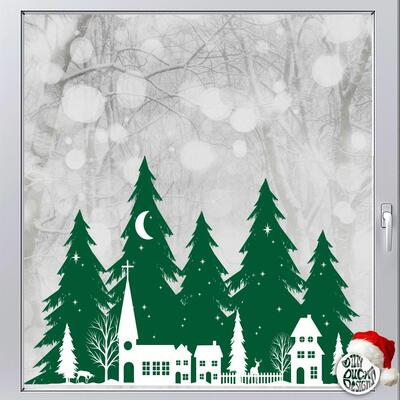 Christmas Trees & Village Window Decal - Green - Large (88x58cms)