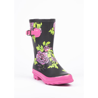 Image of Woodland Womens Black Floral Shortie Wellington Boots