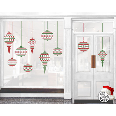 10 Moroccan Christmas Bauble Shop Window Decals - Red/Green - Medium Set