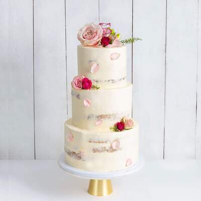 Three Tier Decorated Naked Wedding Cake - Pink & Petals - Three Tier (10", 8", 6")