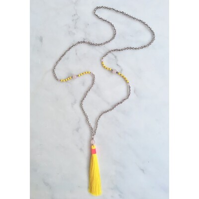 Single Tassel Necklace - Citrus Yellow & Crystal