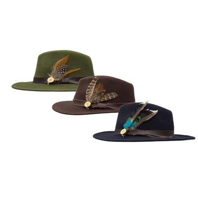 Walker & Hawkes - Unisex Hanbury Fedora Crushable Felt Hat with Leather Trim and Cartridge Feather Brooche - XS (56 cm) Olive