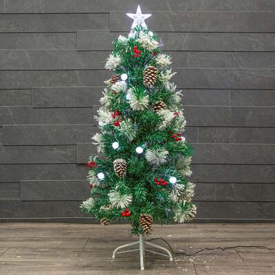 Flocked Green Pine Christmas Tree 4ft to 6ft with White Fibre Optic and LED’s, Berries and Cones, 4ft / 1.2m