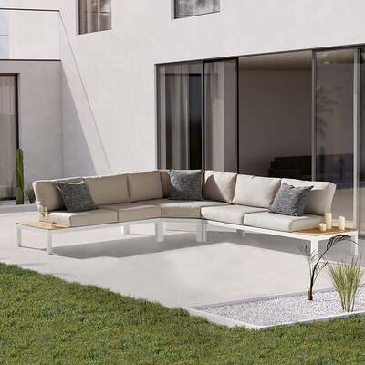Kettler Elba White Teak Top Aluminium Low Lounge Large Corner Sofa Set