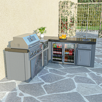 Draco Grills Avalon Stainless Steel L-Shape Corner Outdoor Kitchen with 4 Burner BBQ and Fridge