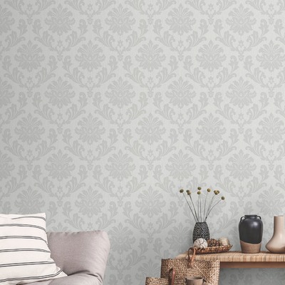 Louisa Damask Wallpaper Grey and Silver Metallic and Glitter Effect Grandeco A53804