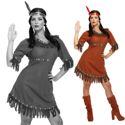 Ladies Sexy Red Indian Squaw Fancy Dress Costume UK 12-14