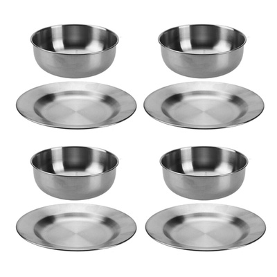 Eight-Piece Stainless Steel Dinner Plates & Bowls Camping Set
