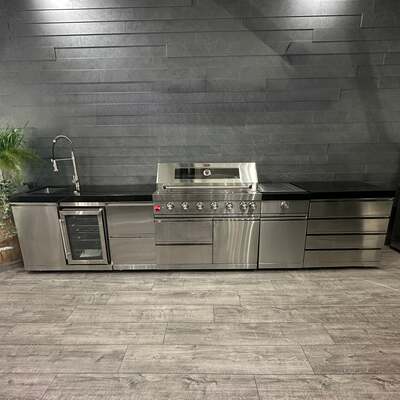 Ex Display Draco Grills 6 Burner Stainless Steel Outdoor Kitchen with Sear Station, Sink and Fridge Unit, Twin Drawer Unit and 4 drawer Unit
