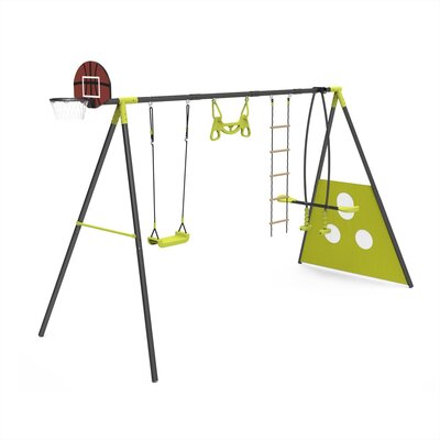 4-IN-1 Outdoor Kids Swing Set Monkey Bars Ladder Basketball Hoop Seesaw