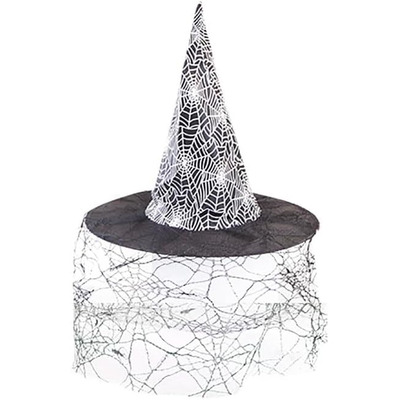 Adult Black Spider Web Halloween Witch Hat With Lace Veil