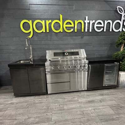 Ex Display Draco Grills 6 Burner Stainless Steel Outdoor Kitchen with Black Stainless Steel Single Fridge Unit and Sink Unit