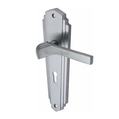 Heritage Brass Waldorf Art Deco Style Door Handles, Satin Chrome - WAL6500-SC (sold in pairs) LOCK (WITH KEYHOLE)
