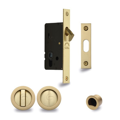 Heritage Brass Round Flush Handle Sliding Door Privacy Lock Set (40mm OR 50mm Backset), Satin Brass - RD2308-SB 40mm ROUND FLUSH HANDLE - SATIN BRASS