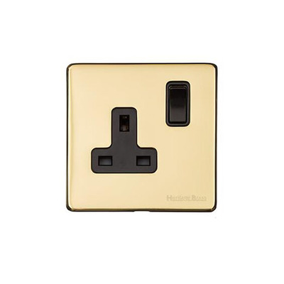 M Marcus Electrical Vintage Single 13 AMP Switched Socket, Polished Brass With Black Switch - X01.140.BK POLISHED BRASS