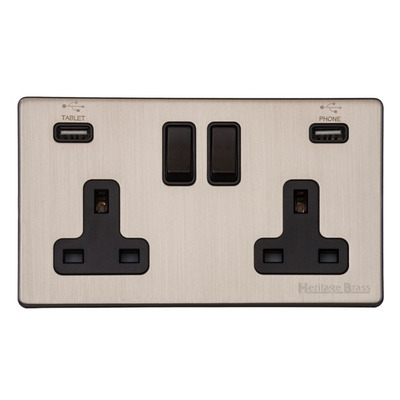 M Marcus Electrical Vintage Double 13 AMP USB Switched Socket, Satin Nickel With Black Switch - X05.750.BK-USB SATIN NICKEL