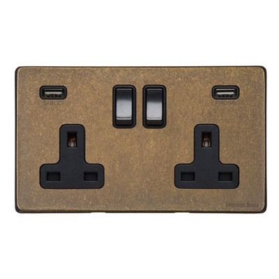 M Marcus Electrical Vintage Double 13 AMP USB Switched Socket, Rustic Brass With Black Switch - XRB.750.BK-USB RUSTIC BRASS