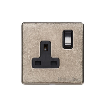 M Marcus Electrical Vintage Single 13 AMP Switched Socket, Rustic Nickel With Black Switch - XRN.140.BK RUSTIC NICKEL
