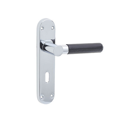 Frelan Hardware Ascot Suite Door Handles On Backplate, Polished Chrome With Black Leather Handle - JV4011PC (sold in pairs) LATCH