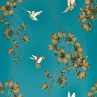 Image of Harlequin Amazilia Hummingbird Wallpaper Teal and Gold HTEW112604