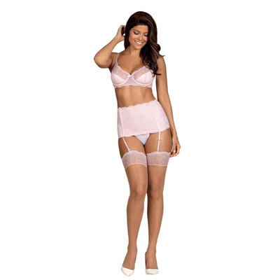 Obsessive Girlly Bra Garter Belt and Thong Set - Pink - S/M
