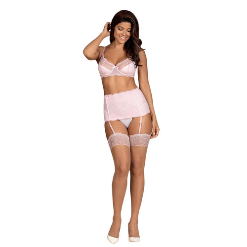 Obsessive Girlly Bra Garter Belt and Thong Set - Pink